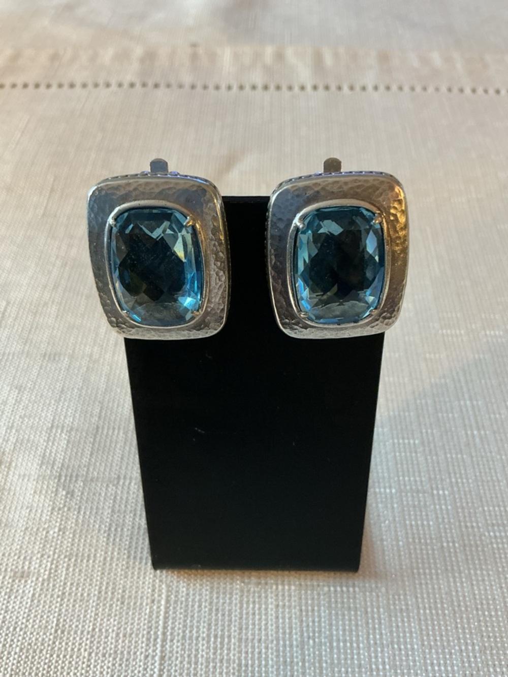 Blue Topaz Faceted Rhinestone Rectangular Silver … - image 1